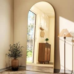 Reflective full-length mirror in a cozy, modern entryway with natural light, wooden cabinet, potted plant, and stylish decor, perfect for home or office interiors.