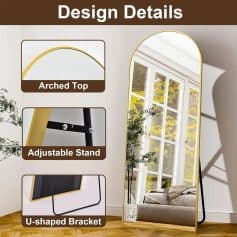 Bright full-length mirror with arched top, adjustable stand, and U-shaped bracket, perfect for modern home decor and bedroom or living room furniture.