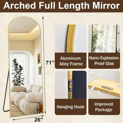 Elegant arched full-length mirror with aluminum alloy frame and nano explosion-proof glass for bedroom decor and dressing space.