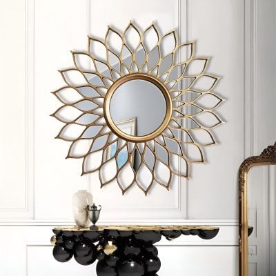 Intricate gold sunburst decorative mirror with floral petal design, stylish home decor for living room or entryway, Monalisa Store luxury wall mirror.