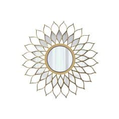 Intricate sunburst mirror with gold and white detailing, perfect for modern and decorative home or office spaces.