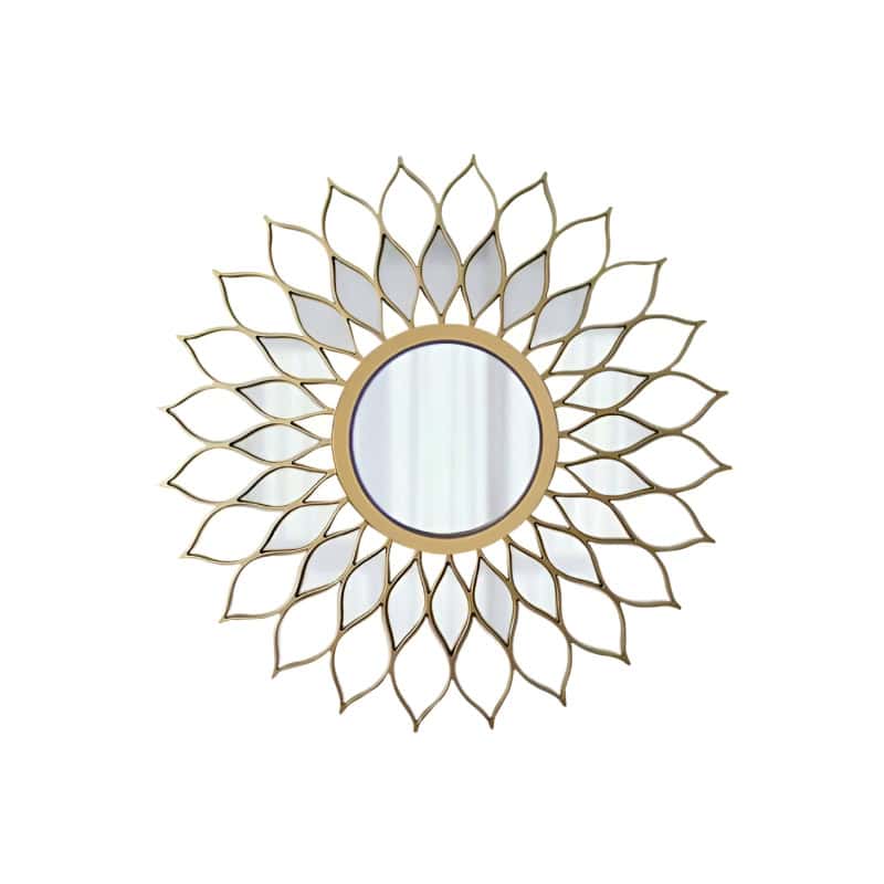 Intricate sunburst mirror with gold and white detailing, perfect for modern and decorative home or office spaces.