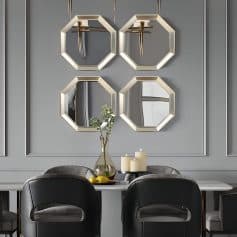 Reflective wall mirrors at Monalisa Store, stylish interior decor for an optical shop, featuring geometric frames, modern design, and elegant accents, perfect for enhancing natural light in an optometry environment.