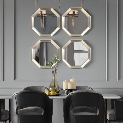 Reflective wall mirrors at Monalisa Store, stylish interior decor for an optical shop, featuring geometric frames, modern design, and elegant accents, perfect for enhancing natural light in an optometry environment.