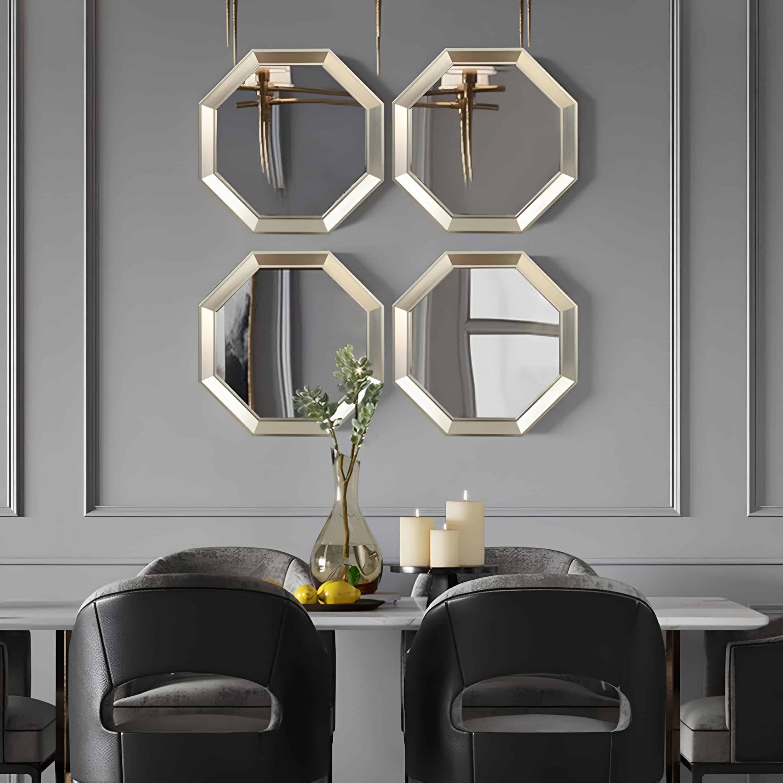 Reflective wall mirrors at Monalisa Store, stylish interior decor for an optical shop, featuring geometric frames, modern design, and elegant accents, perfect for enhancing natural light in an optometry environment.