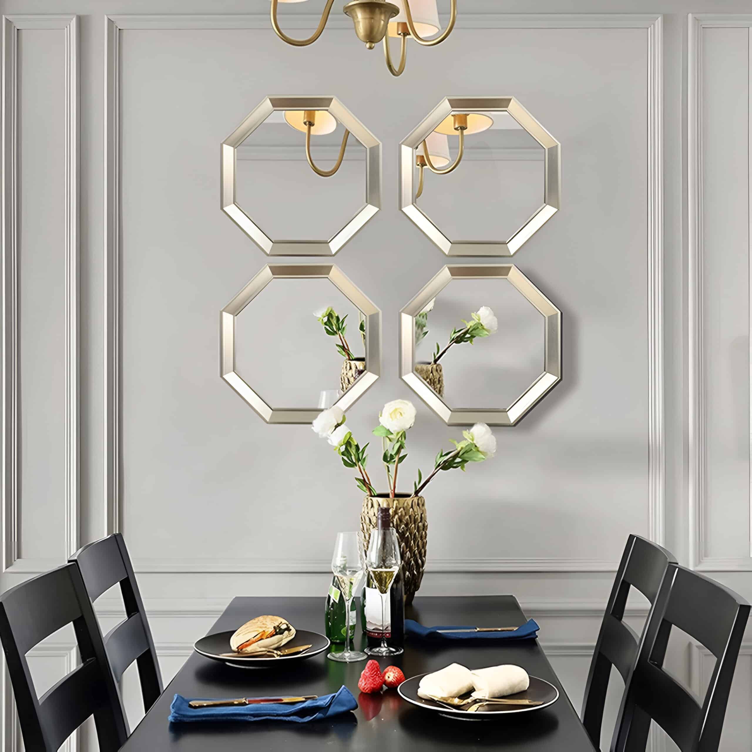 Elegant dining room wall decor with stylish octagonal mirrors and modern flower vase, enhancing interior ambiance for a sophisticated look.