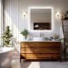 Modern bathroom with minimalistic design featuring a sleek illuminated mirror, wooden vanity, and contemporary decor emphasizing upscale optometry and eye care products.