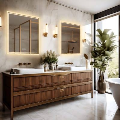 Luxurious modern bathroom vanity with double sinks, stylish lighting, large mirror, and elegant décor, perfect for upscale homes and medical facilities.