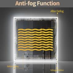 Clear anti-fog kitchen mirror with defogger technology, featuring an after defog and before defog comparison, ideal for bathroom or vanity use.