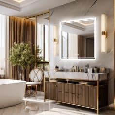 Luxurious modern bathroom with elegant decor, wall-mounted mirror with LED lighting, marble vanity, gold fixtures, and stylish furnishings for a high-end optometry clinic ambiance.