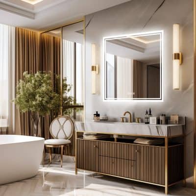 Luxurious modern bathroom with elegant decor, wall-mounted mirror with LED lighting, marble vanity, gold fixtures, and stylish furnishings for a high-end optometry clinic ambiance.