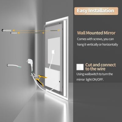Wall mounted mirror installation guide for opticians, featuring easy installation with screws, can be hung vertically or horizontally, with instructions on connecting the wire and using a wall switch.