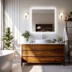 Sleek modern bathroom vanity with wooden finish, illuminated mirror, and stylish decor, creating a luxurious and relaxing atmosphere in an upscale optometry and eyewear store setting.