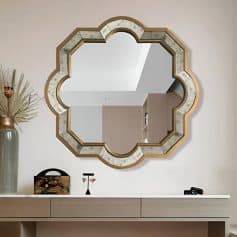 Elegant decorative wall mirror with a floral-inspired gold and marble frame, perfect for enhancing modern and stylish interiors. Designed for beauty salons, clinics, and luxury spaces.