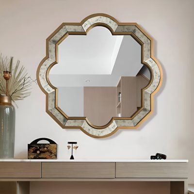 Elegant decorative wall mirror with a floral-inspired gold and marble frame, perfect for enhancing modern and stylish interiors. Designed for beauty salons, clinics, and luxury spaces.