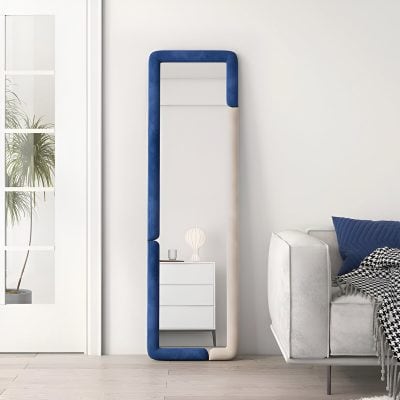 Stylish full-length mirror with a modern blue and white frame, ideal for an optometry or eyewear store, enhancing the retail space and showcasing eyewear collections.