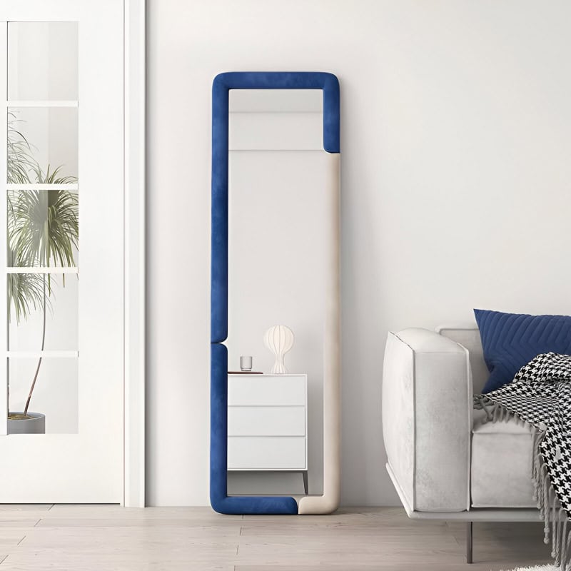 Stylish full-length mirror with a modern blue and white frame, ideal for an optometry or eyewear store, enhancing the retail space and showcasing eyewear collections.