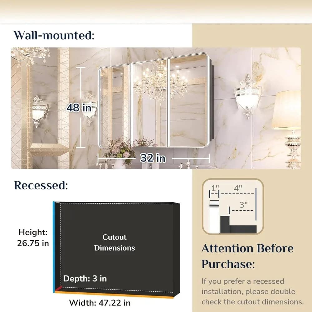 Elegant wall-mounted mirror with LED lighting measuring 48 inches by 32 inches for stylish bathroom decor. Perfect for modern homes seeking functional, beautiful mirror solutions.