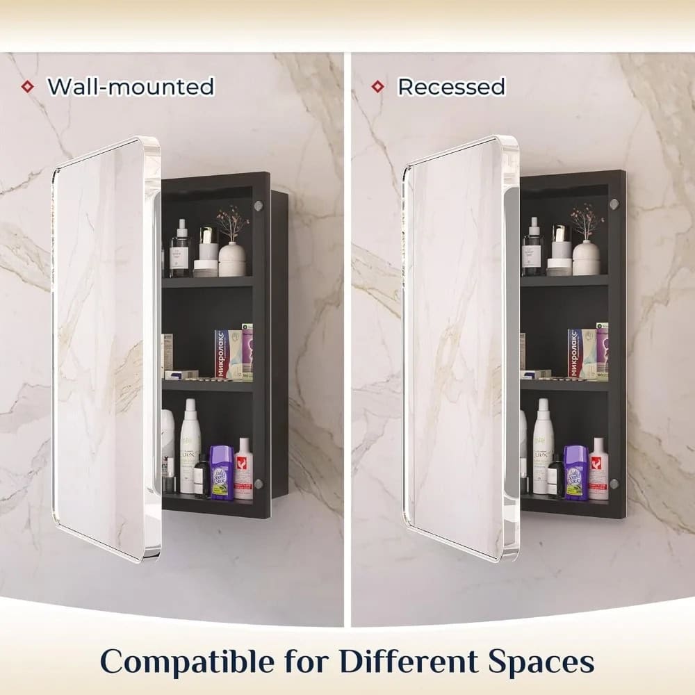 Wall-mounted and recessed bathroom mirror cabinet for modern storage solutions, compatible with various spaces, ideal for a sleek and functional vanity.
