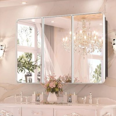 Elegant illuminated bathroom mirror with LED lights, reflecting a luxurious chandelier and stylish decor, ideal for modern vanity setups at Monalisa Medical.
