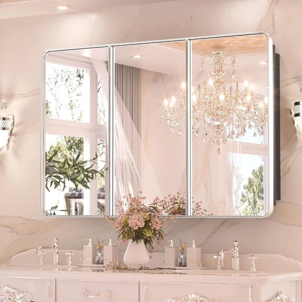 Elegant illuminated bathroom mirror with LED lights, reflecting a luxurious chandelier and stylish decor, ideal for modern vanity setups at Monalisa Medical.