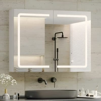 Sleek modern bathroom mirror with built-in LED lighting, minimalist black fixtures, and a stylish gray vessel sink for contemporary bathroom decor.