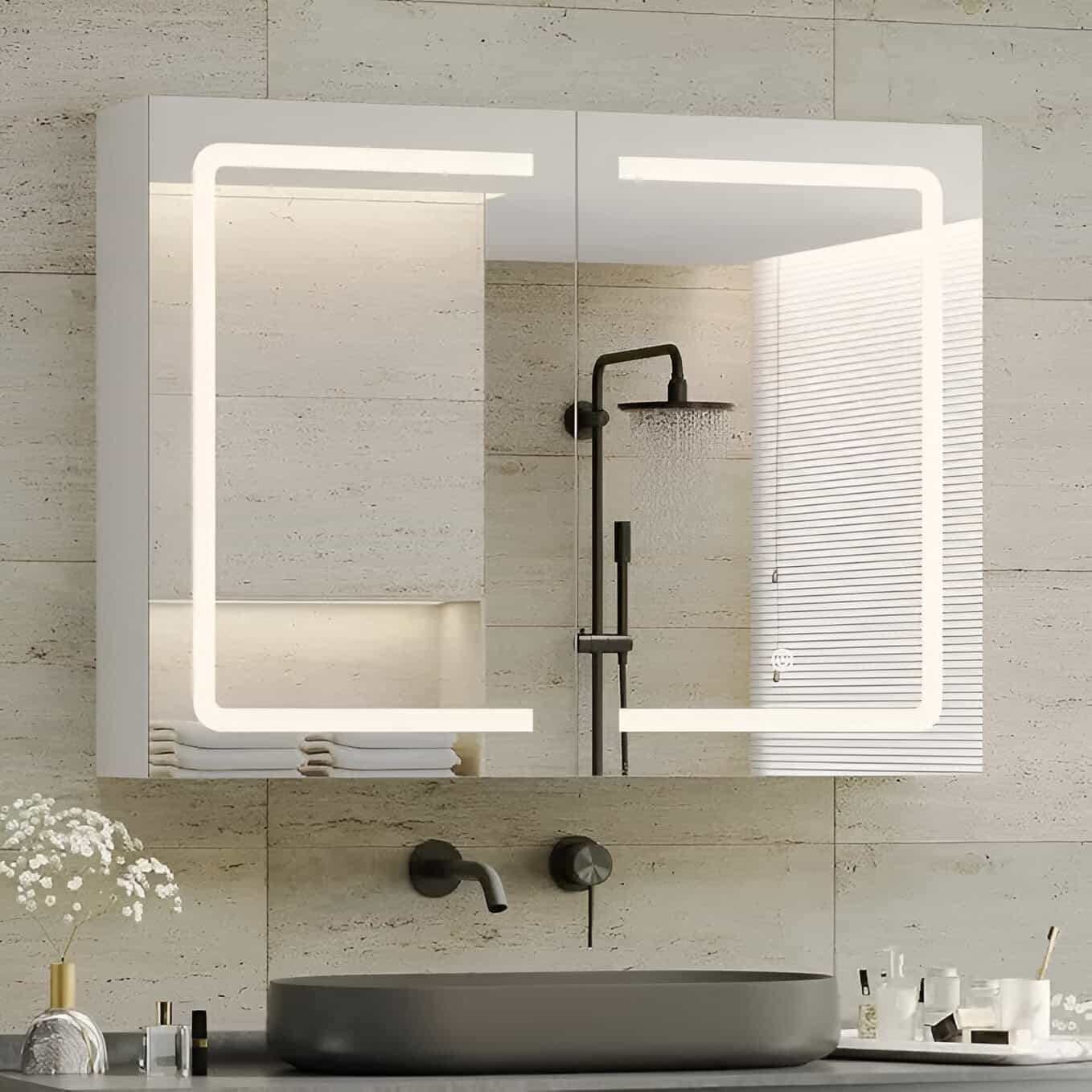 Sleek modern bathroom mirror with built-in LED lighting, minimalist black fixtures, and a stylish gray vessel sink for contemporary bathroom decor.