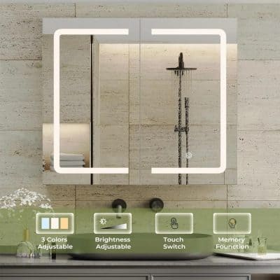 Elegant modern bathroom mirror with built-in LED lighting, touch switch, and adjustable brightness, ideal for beauty and skincare routines at Monalisa Store.