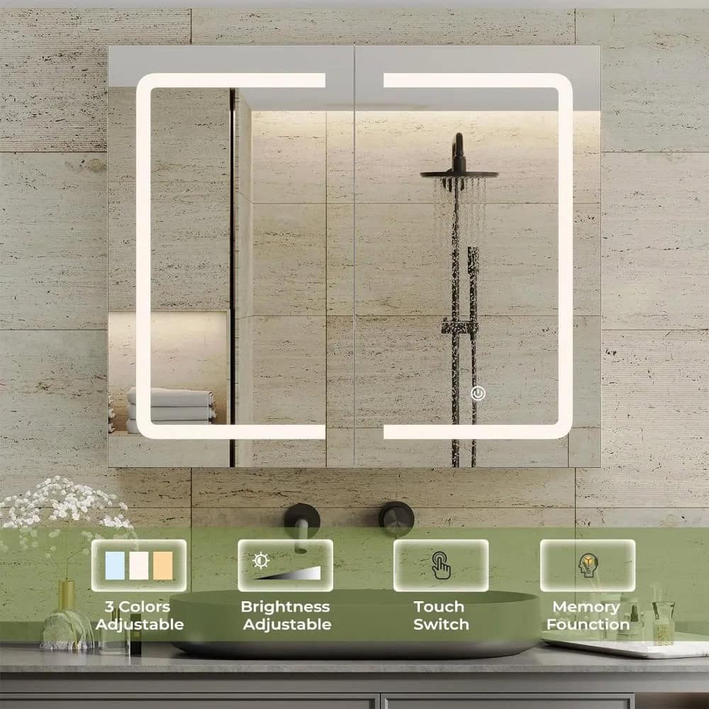 Elegant modern bathroom mirror with built-in LED lighting, touch switch, and adjustable brightness, ideal for beauty and skincare routines at Monalisa Store.