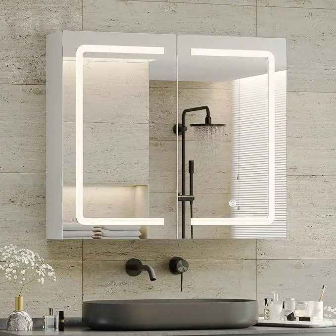 Modern illuminated bathroom mirror with LED lighting and black fixtures, reflecting contemporary bathroom decor and functional design for vanity and grooming tasks.