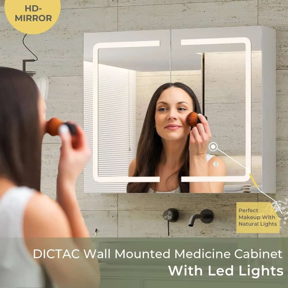 HD mirror with LED lights for enhanced beauty and skincare routines, perfect for makeup application and daily grooming, designed for modern bathrooms and medical clinics.