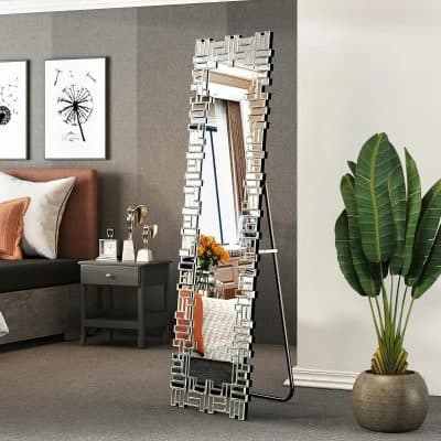 Elegant full-length decorative mirror with intricate geometric frame, perfect for modern home decor and enhancing natural light.