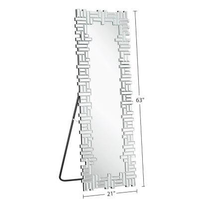 Stylish rectangular full-length mirror with geometric 3D frame design, perfect for modern living spaces and makeup stations.