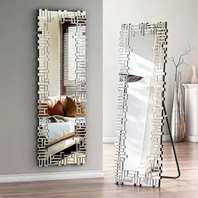 Intricate geometric frame mirror with a modern, stylish design, perfect for contemporary interiors and bedroom decor.