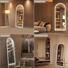 Full-length illuminated mirror with modern LED lighting, ideal for bedroom decor and dressing areas.