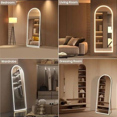Full-length illuminated mirror with modern LED lighting, ideal for bedroom decor and dressing areas.