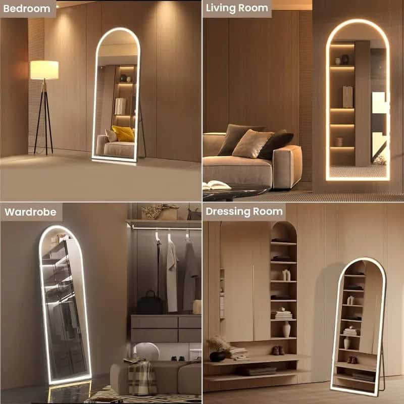 Full-length illuminated mirror with modern LED lighting, ideal for bedroom decor and dressing areas.
