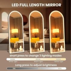 LED full length mirror with adjustable lighting modes for optimal reflection, perfect for dressing rooms and bedrooms, featuring touch control for brightness and color temperature.