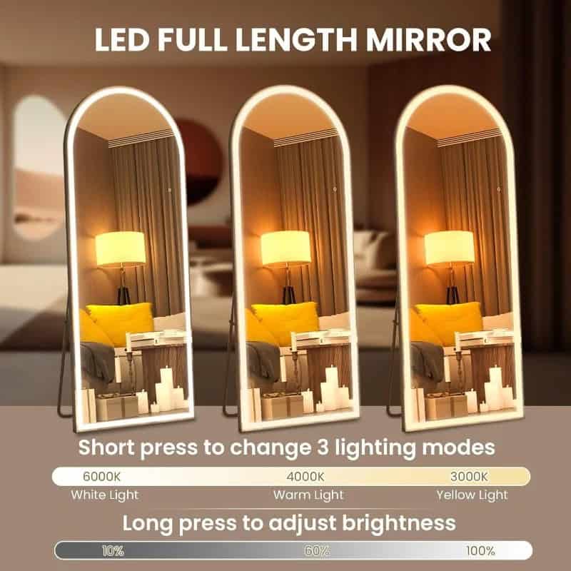LED full length mirror with adjustable lighting modes for optimal reflection, perfect for dressing rooms and bedrooms, featuring touch control for brightness and color temperature.