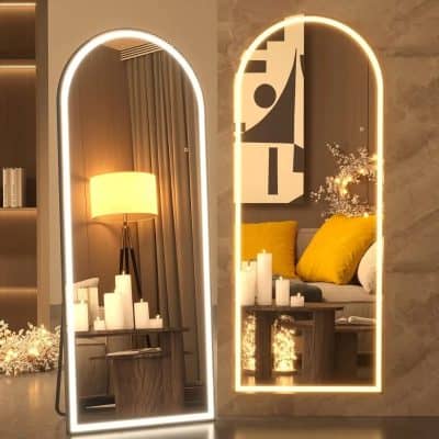 Elegant modern arched LED mirrors with warm and cool lighting, perfect for stylish home decor and living room accents at Monalisa Store.