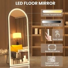 LED floor mirror with touch switch, aluminum frame, explosion-proof tempered glass, and stepless dimming, ideal for modern bedroom decor and makeup application.