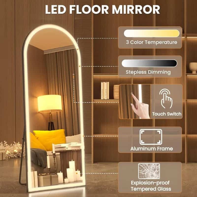 LED floor mirror with touch switch, aluminum frame, explosion-proof tempered glass, and stepless dimming, ideal for modern bedroom decor and makeup application.