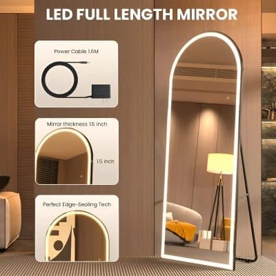 LED full length mirror with edge-sealing technology and 1.5-inch thickness, ideal for bathroom Vanity, dressing rooms, and bedrooms. Includes 1.6M power cable for easy installation and stylish, modern design.