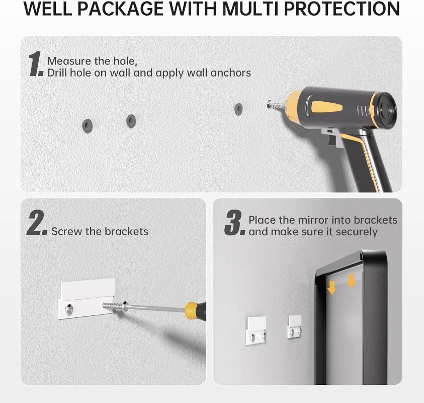 Drill wall anchors for mirror installation, wall mounting with brackets, easy mirror setup, home decor, Monalisa Medical store.