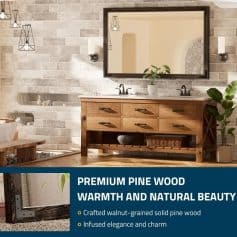 Natural wood bathroom vanity with double sinks and large mirror, modern interior design, pine wood furniture, stylish and functional bath decor.