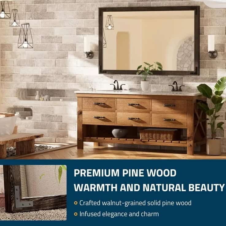 Natural wood bathroom vanity with double sinks and large mirror, modern interior design, pine wood furniture, stylish and functional bath decor.