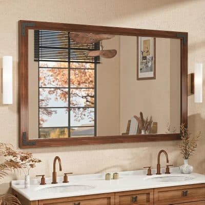 Elegant bathroom mirror with wooden frame and modern lighting, reflecting autumn trees outside window, perfect for enhancing home decor and interior design.