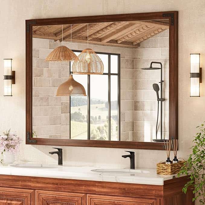 Elegant bathroom vanity with large mirror, natural wood accents, and modern black fixtures, creating a luxurious and relaxing spa-like atmosphere. Perfect for upscale home interiors.