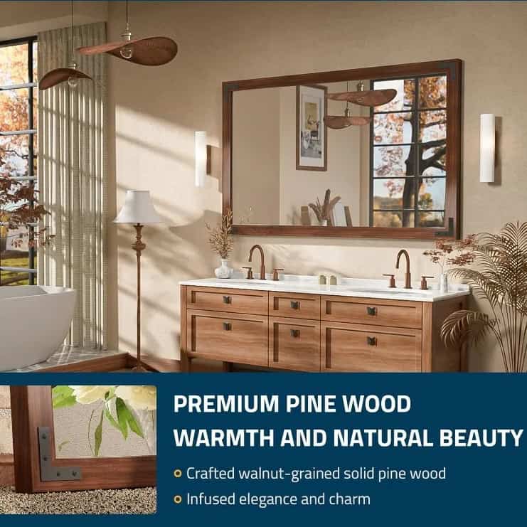 Pine wood bathroom vanity with large mirror and bronze fixtures, natural sunlight, elegant home interior design.