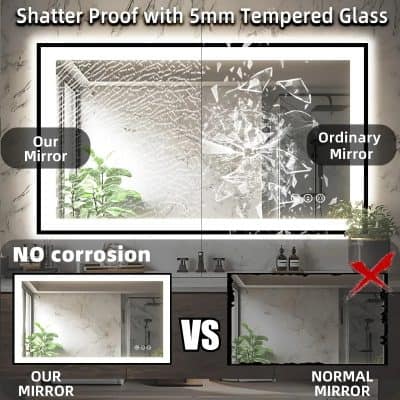 Shatter proof tempered glass bathroom mirror for durability and safety, featuring 5mm thick glass, corrosion resistance, and enhanced shatter-proof properties, ideal for modern homes and vanity applications.